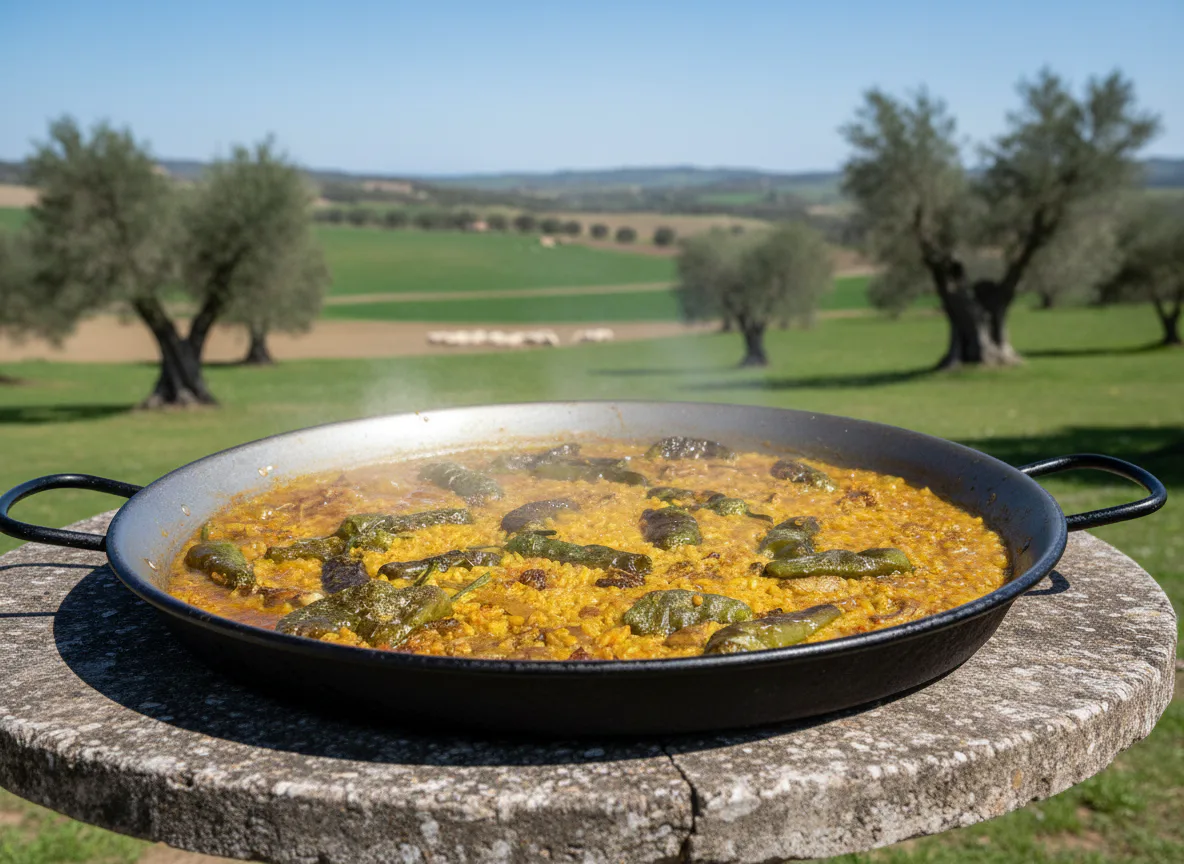 Detalle 1 del proceso de Paella de chuletas de cordero con pimientos del Padrón