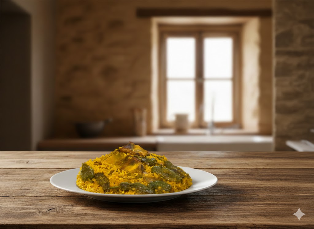 Paella de costillas terminada con carne dorada, pimientos del padrón verdes y setas terrosas