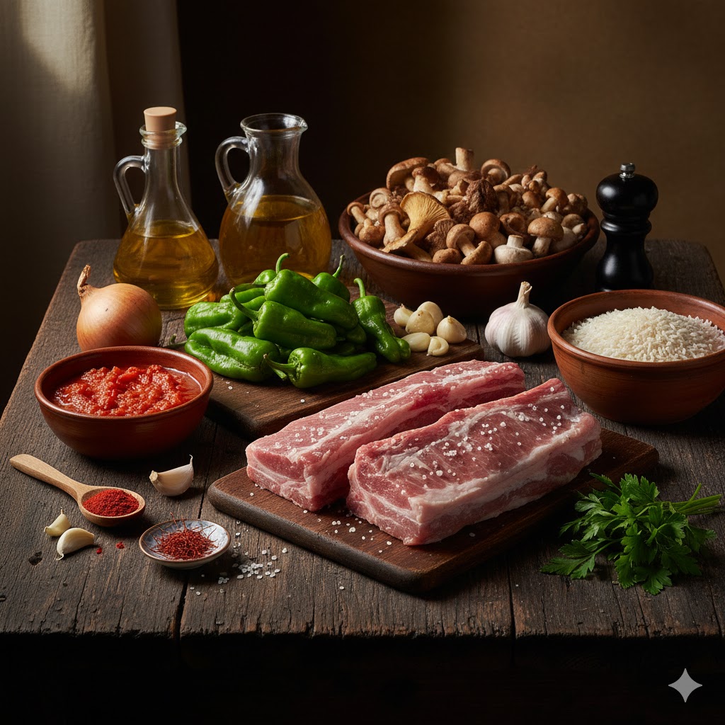 Ingredientes para paella de costillas: costillas de cerdo troceadas, pimientos del padrón, setas variadas, cebolla, ajos y arroz