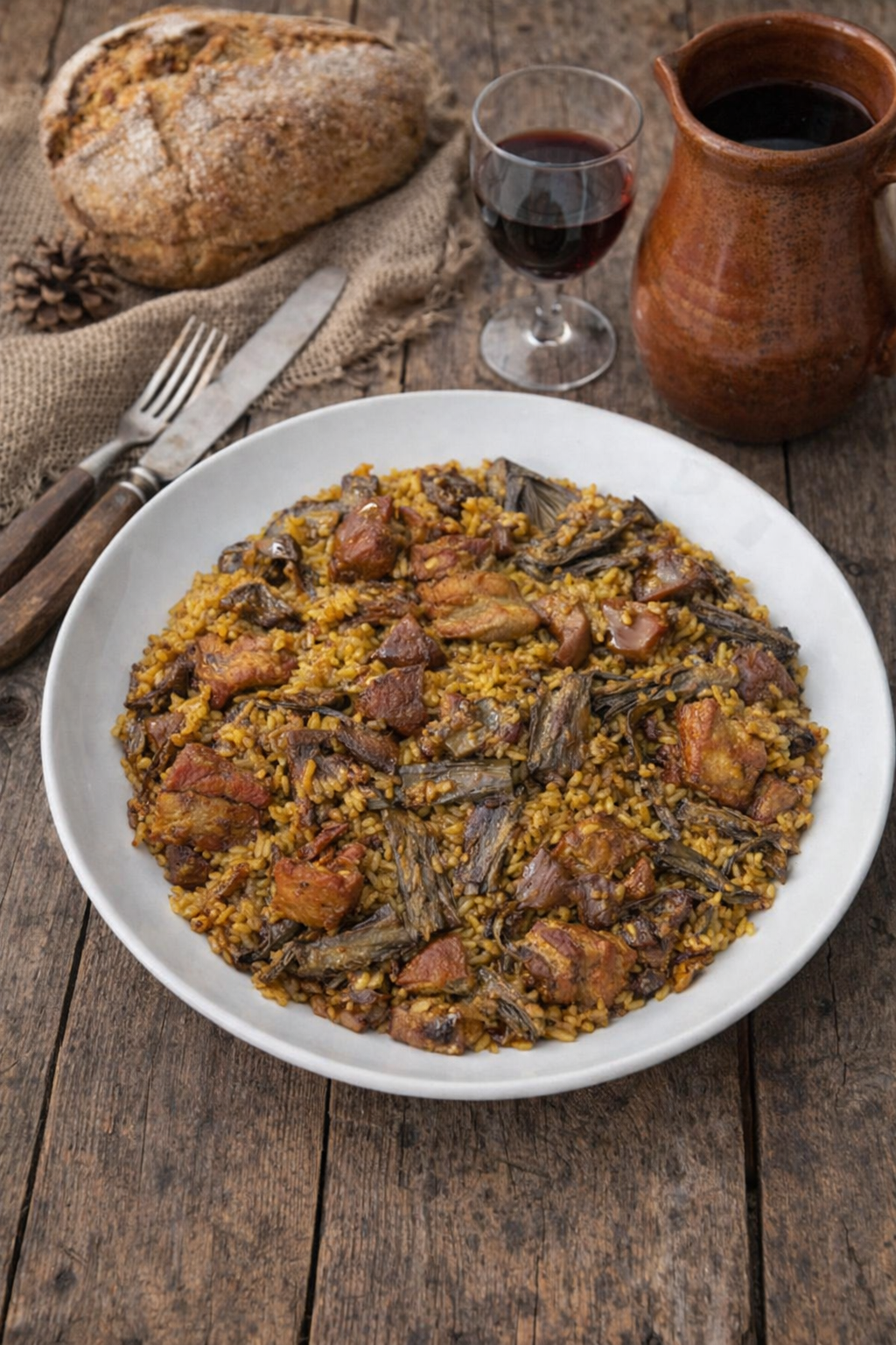 Paella terminada con costillas tiernas, rebollones anaranjados y alcachofas verdes