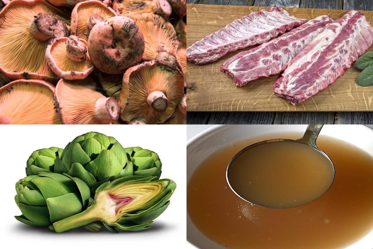 Ingredientes para la paella: costillas de cerdo, rebollones frescos, alcachofas, arroz bomba y especias