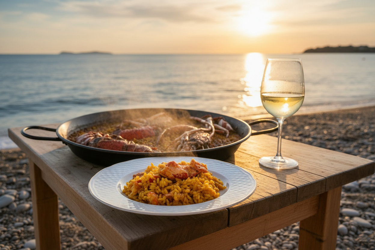 Restaurante con estrella Michelin en acantilado mediterráneo al atardecer