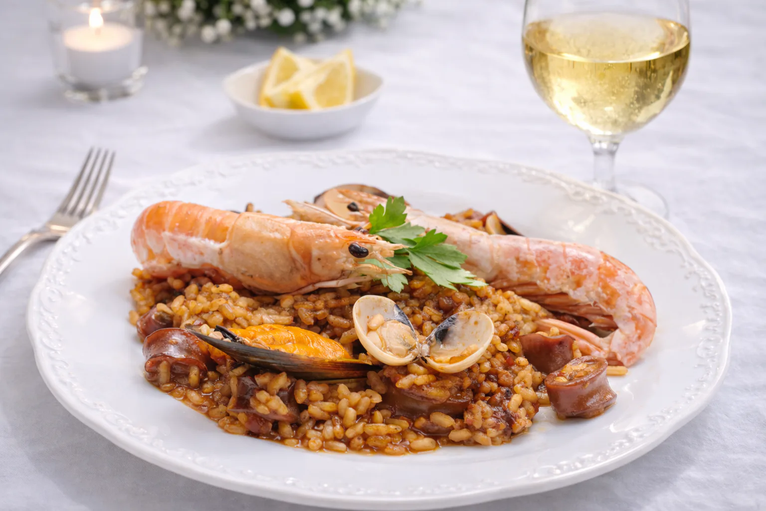 Paella de marisco listo para servir