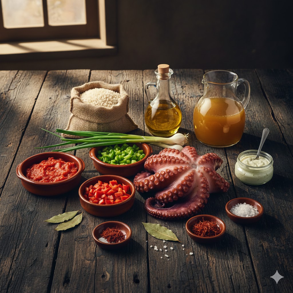 Ingredientes: pulpo cocido entero, ajos tiernos con su parte verde, pimientos y arroz bomba