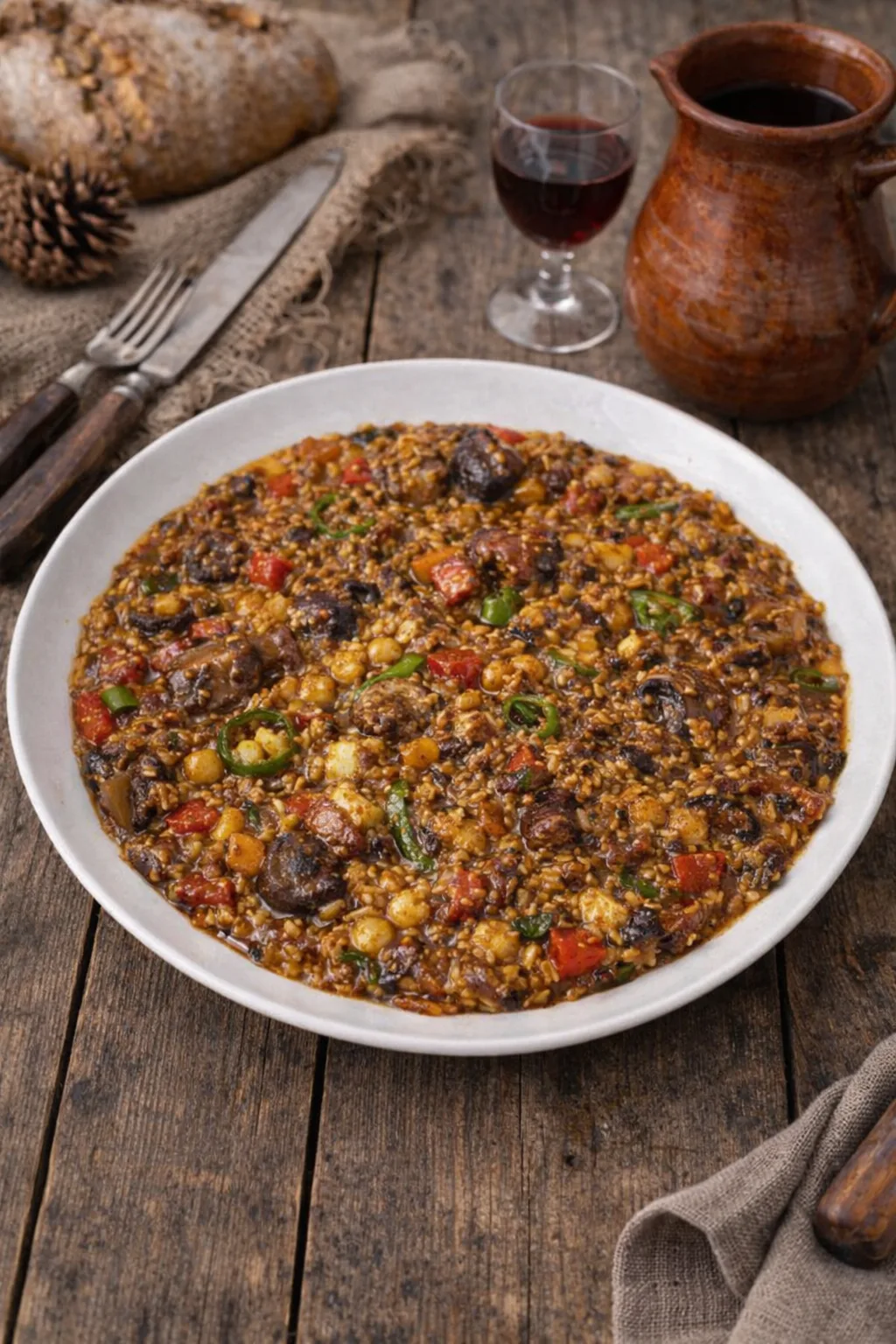 Paella de rabo de toro con setas y chips de ajo listo para servir