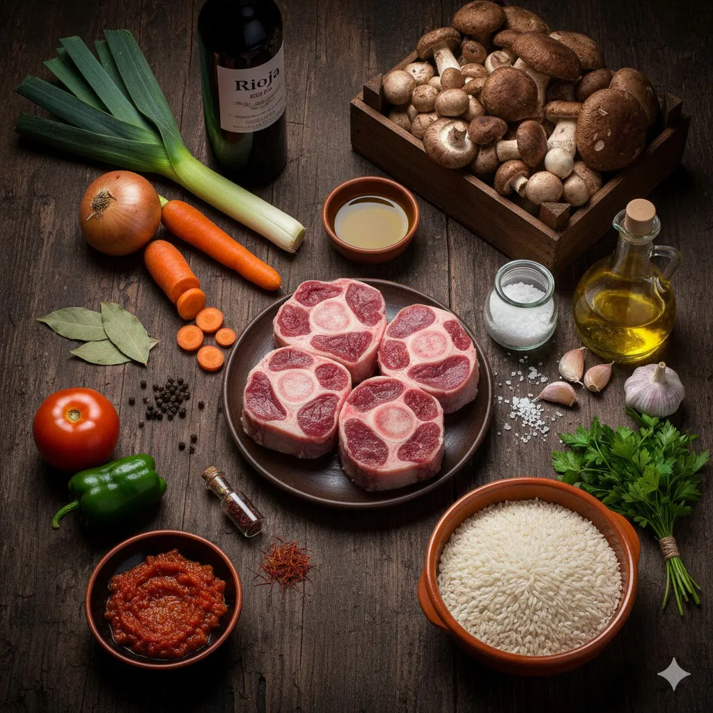 Ingredientes para Paella de rabo de toro con setas y chips de ajo