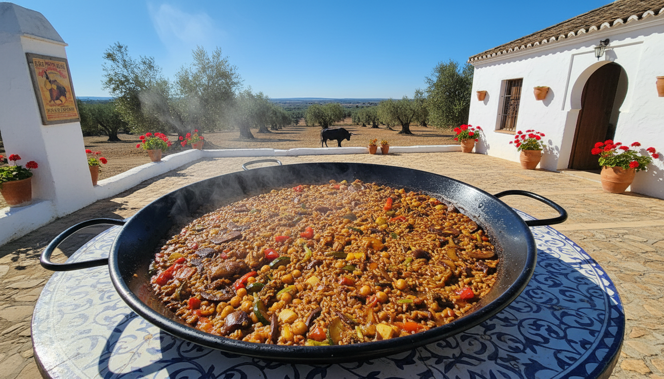 Dehesa andaluza al atardecer con toros bravos y paisaje rural