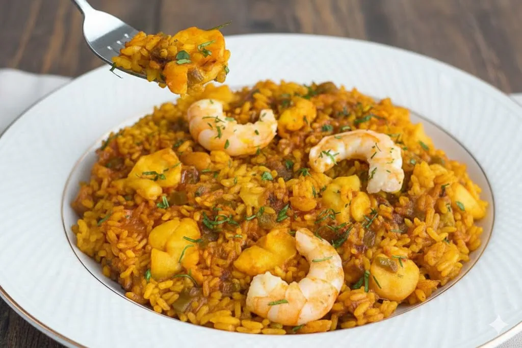 Paella con rape, sepia, marisco y ñora listo para servir