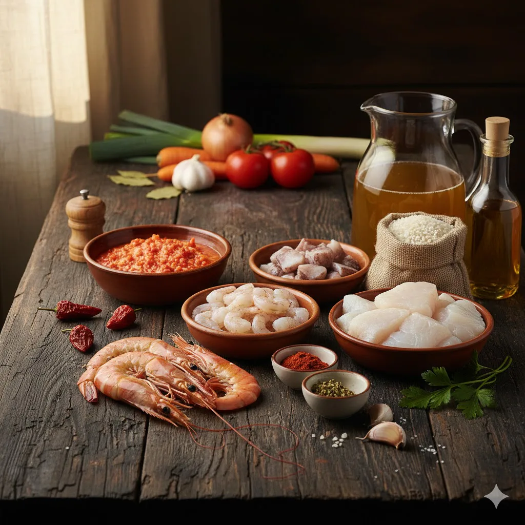 Ingredientes para Paella con rape, sepia, marisco y ñora
