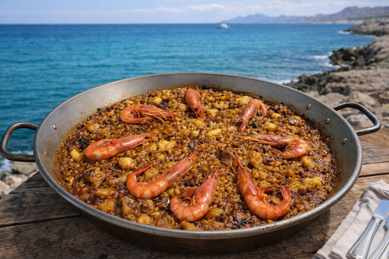 Costa rocosa del Mediterráneo con calas y barcas de pesca tradicionales