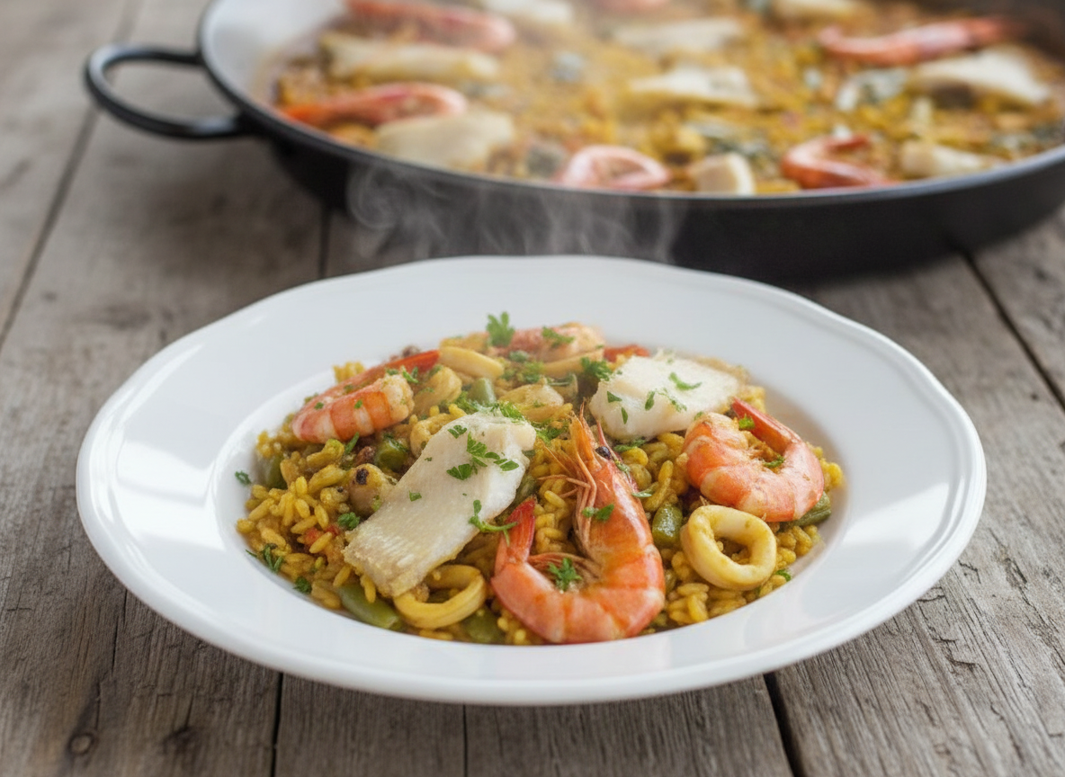 Paella terminada mostrando la raya gelatinosa, las anillas de calamar tiernas y las gambas rosadas sobre arroz brillante