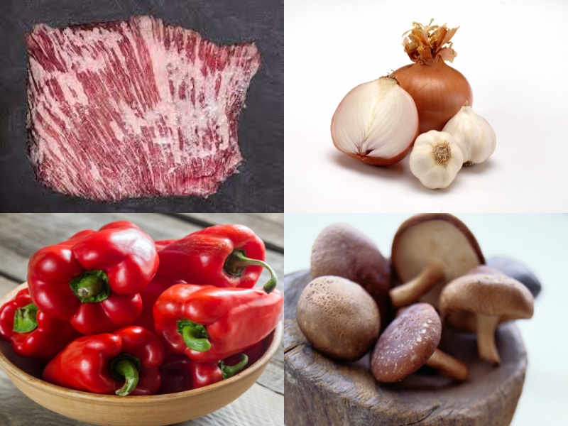Ingredientes para Paella de secreto ibérico, boletus y pimiento rojo