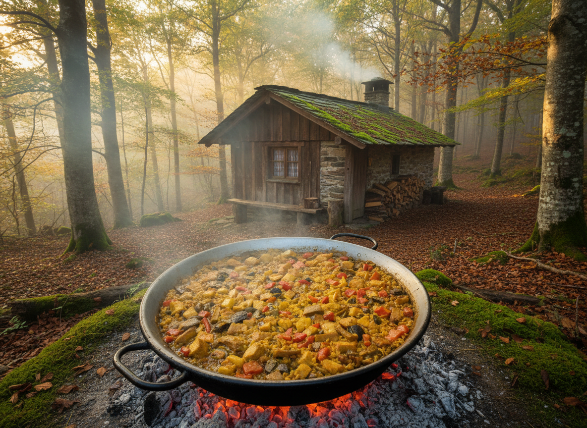 Detalle 1 del proceso de Paella de secreto ibérico, boletus y pimiento rojo