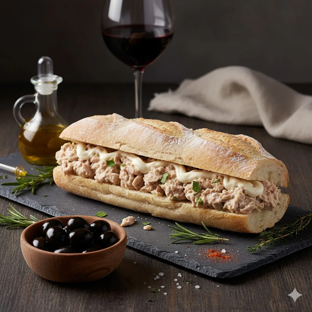 Bocadillo de atún con mayonesa listo para servir