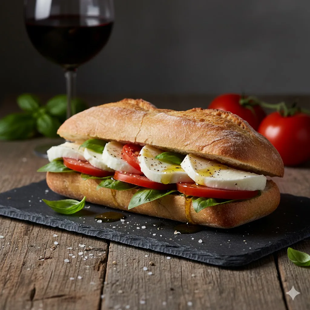 Bocadillo caprese de mozzarella, tomate y albahaca
