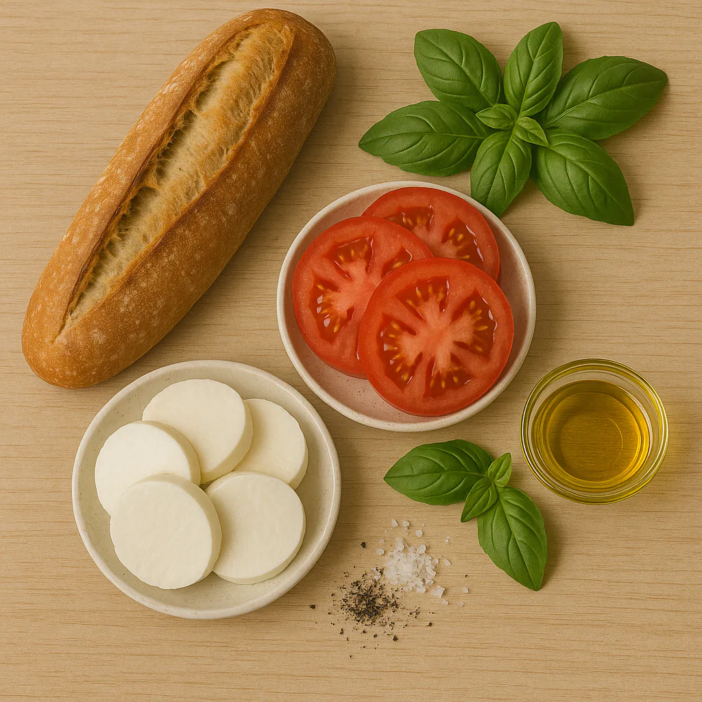 Ingredientes para bocadillo caprese de mozzarella, tomate y albahaca