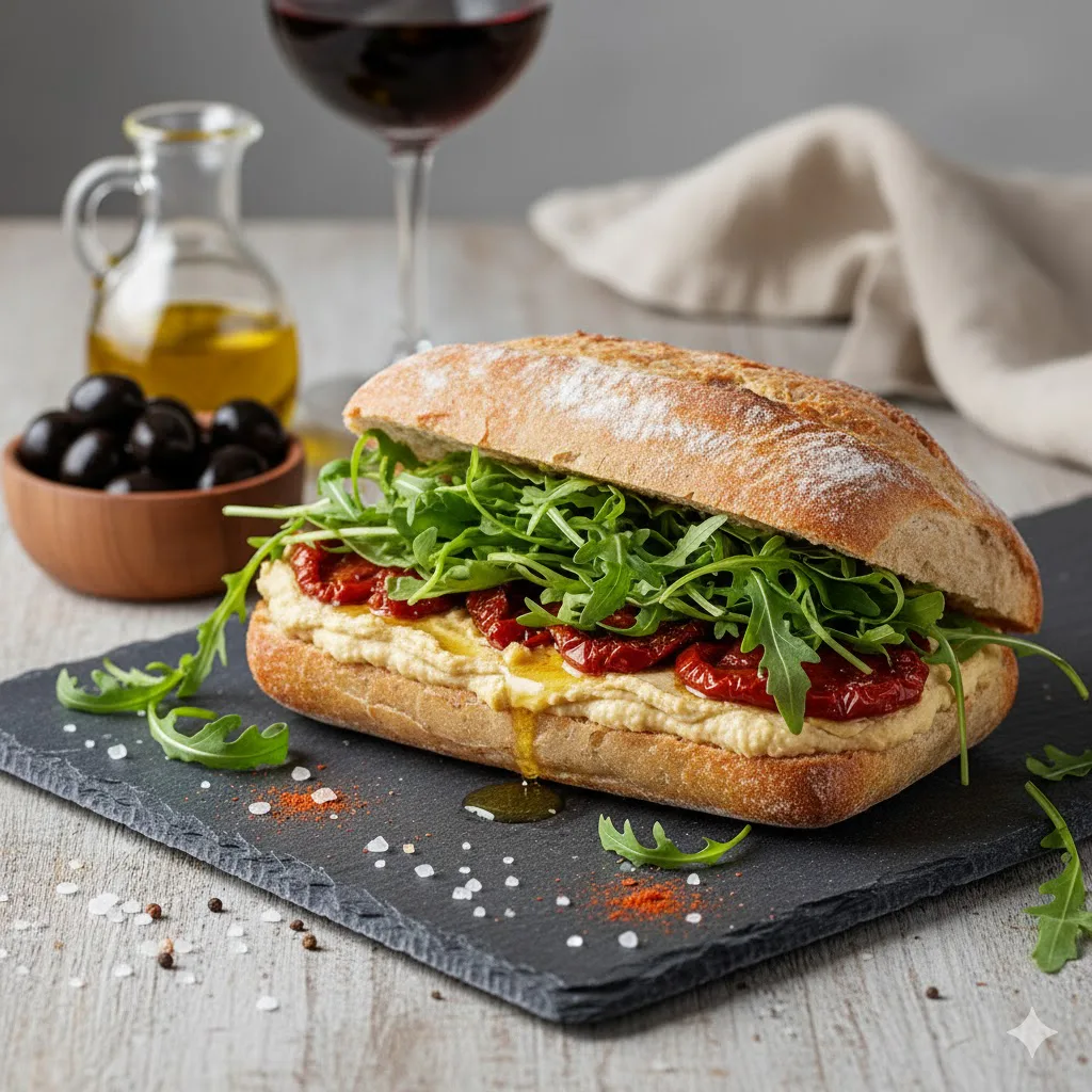Bocadillo de hummus, tomate seco y rúcula