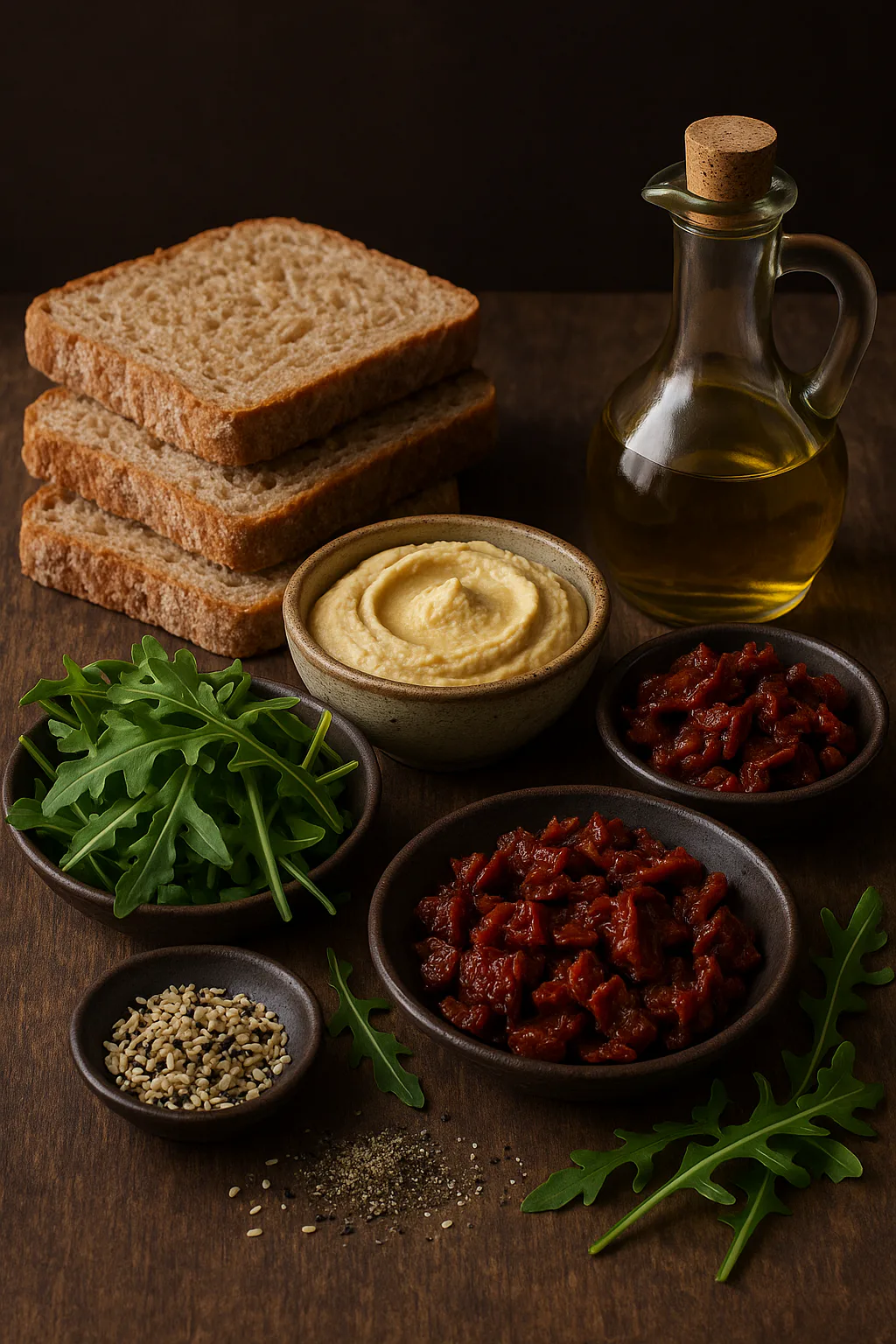 Ingredientes para bocadillo de hummus, tomate seco y rúcula