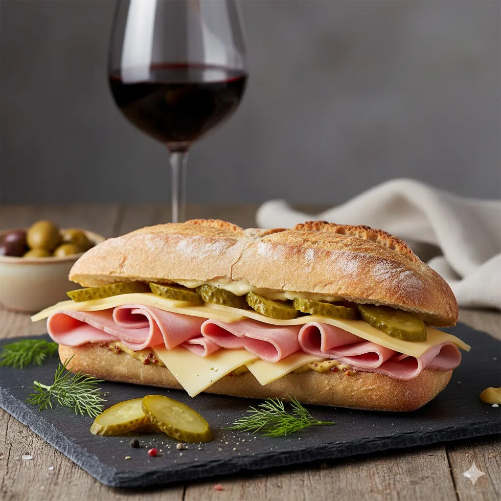 Bocadillo de jamón cocido, queso y pepinillos listo para servir