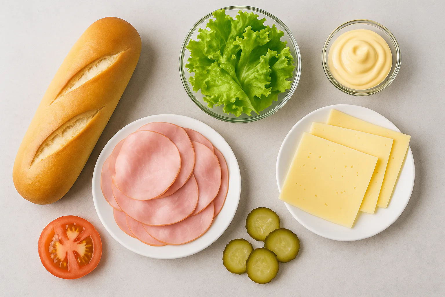 Ingredientes para bocadillo de jamón cocido, queso y pepinillos