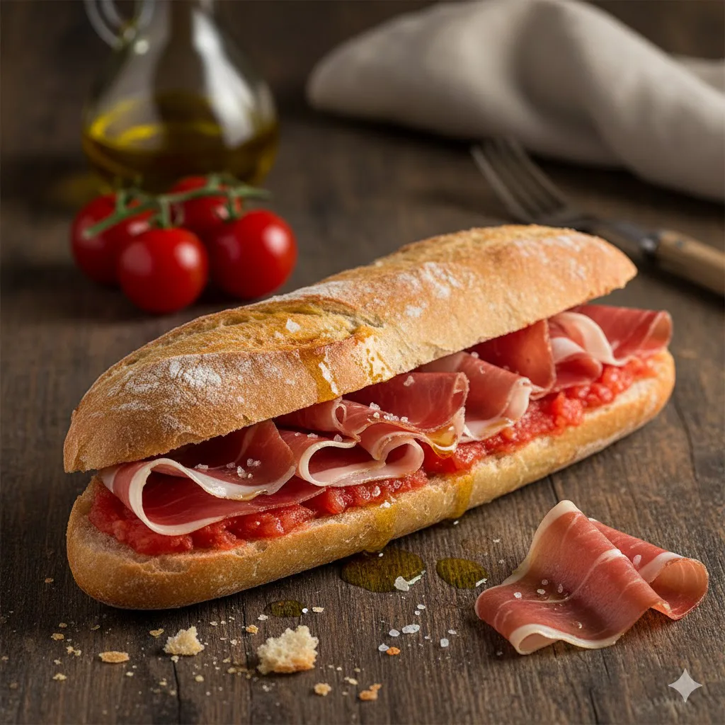 Bocadillo de jamón serrano y tomate listo para servir