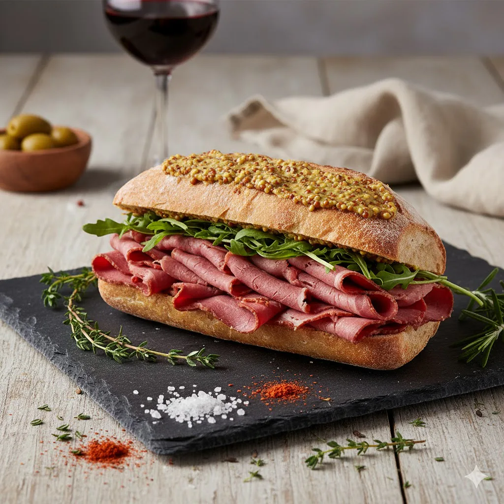 Bocadillo de pastrami, mostaza y rúcula