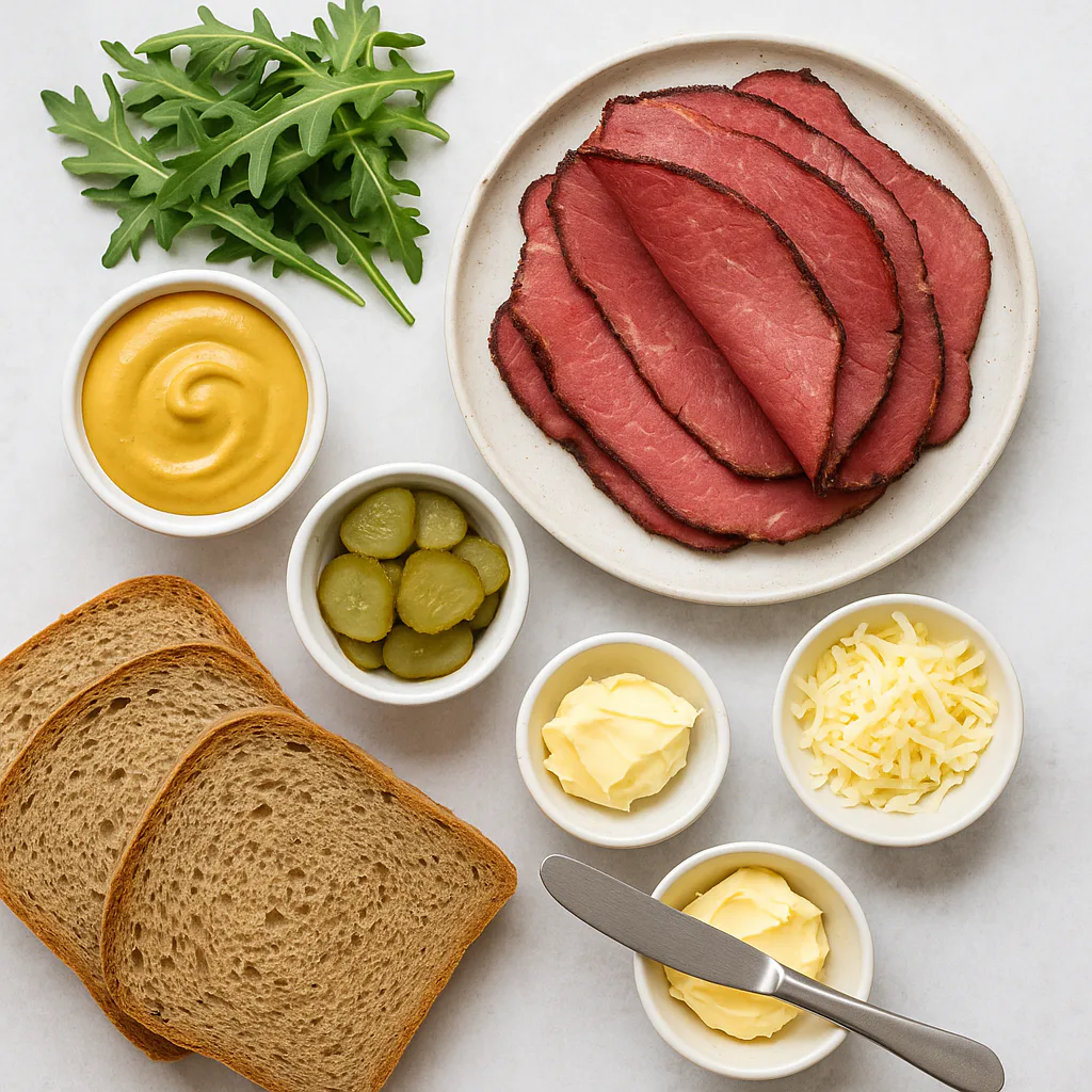 Ingredientes para bocadillo de pastrami, mostaza y rúcula