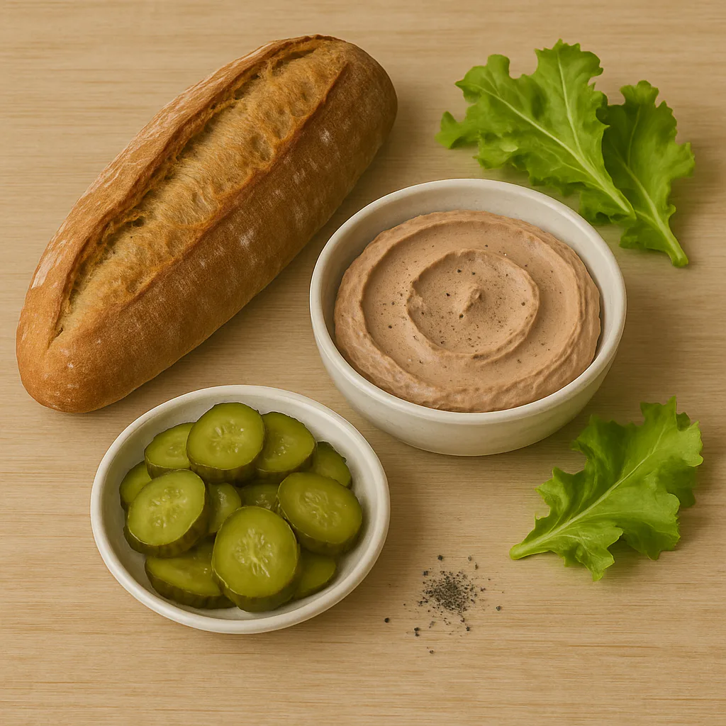 Ingredientes para bocadillo de paté y pepinillos
