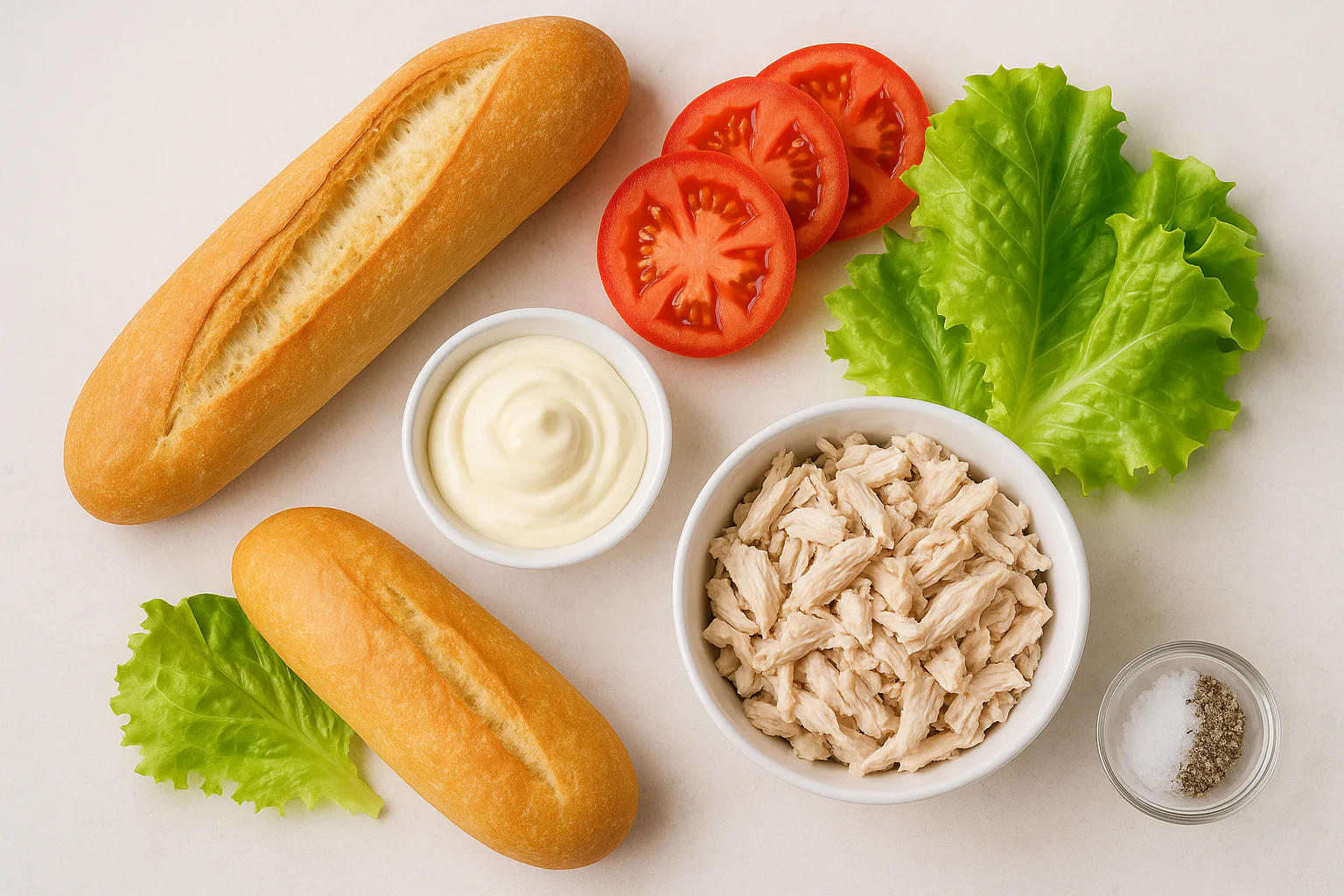Ingredientes para bocadillo de pollo frío con mayonesa y lechuga
