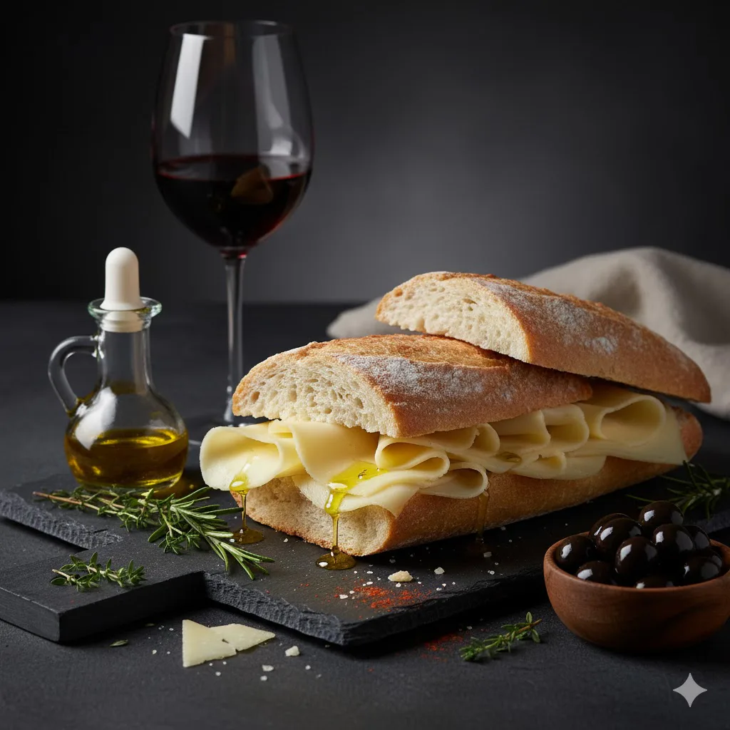 Bocadillo de queso curado y aceite listo para servir