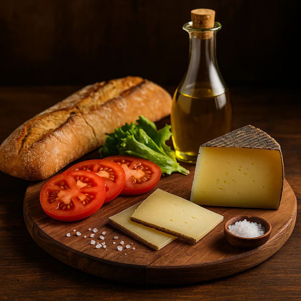 Ingredientes para bocadillo de queso curado y aceite