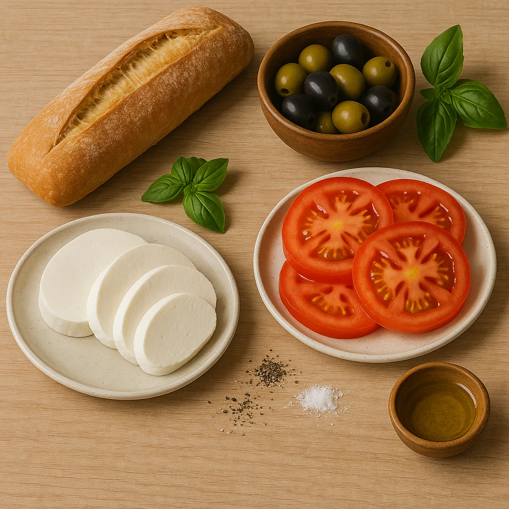 Ingredientes para bocadillo de queso fresco, aceitunas y tomate