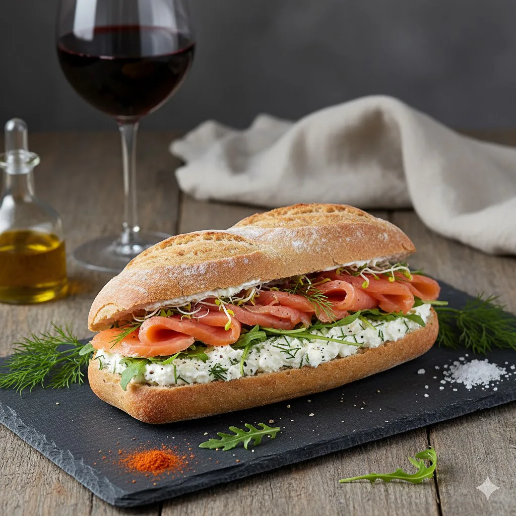 Bocadillo de salmón ahumado y queso crema listo para servir