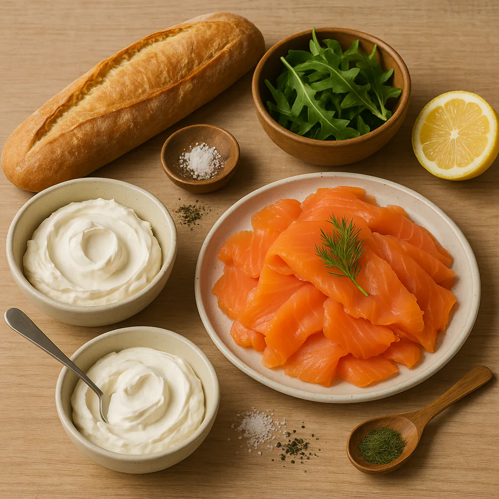 Ingredientes para bocadillo de salmón ahumado y queso crema