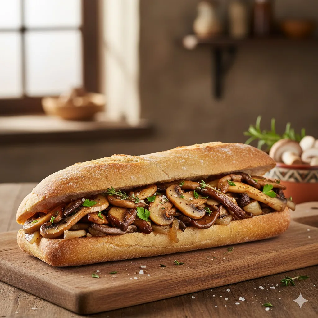 Bocadillo de setas al ajillo listo para servir