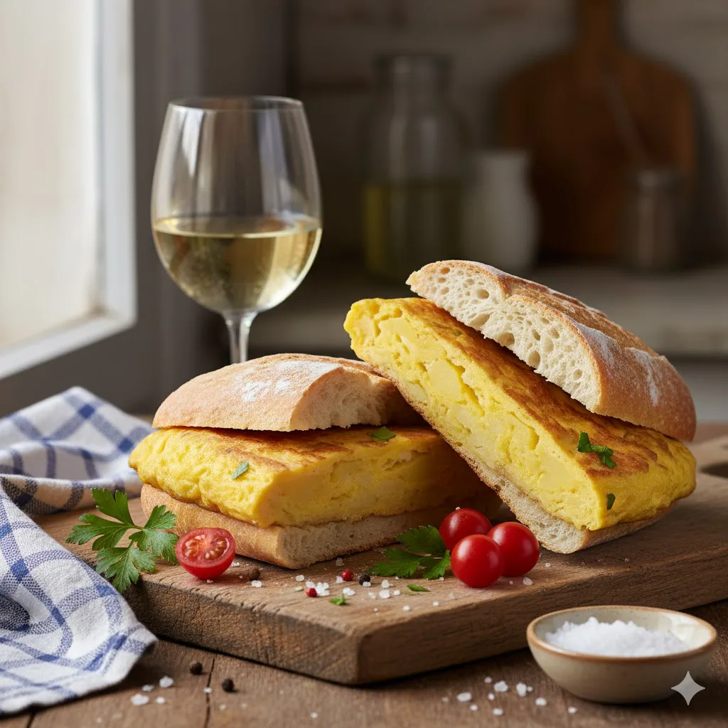 Bocadillo de tortilla española listo para servir