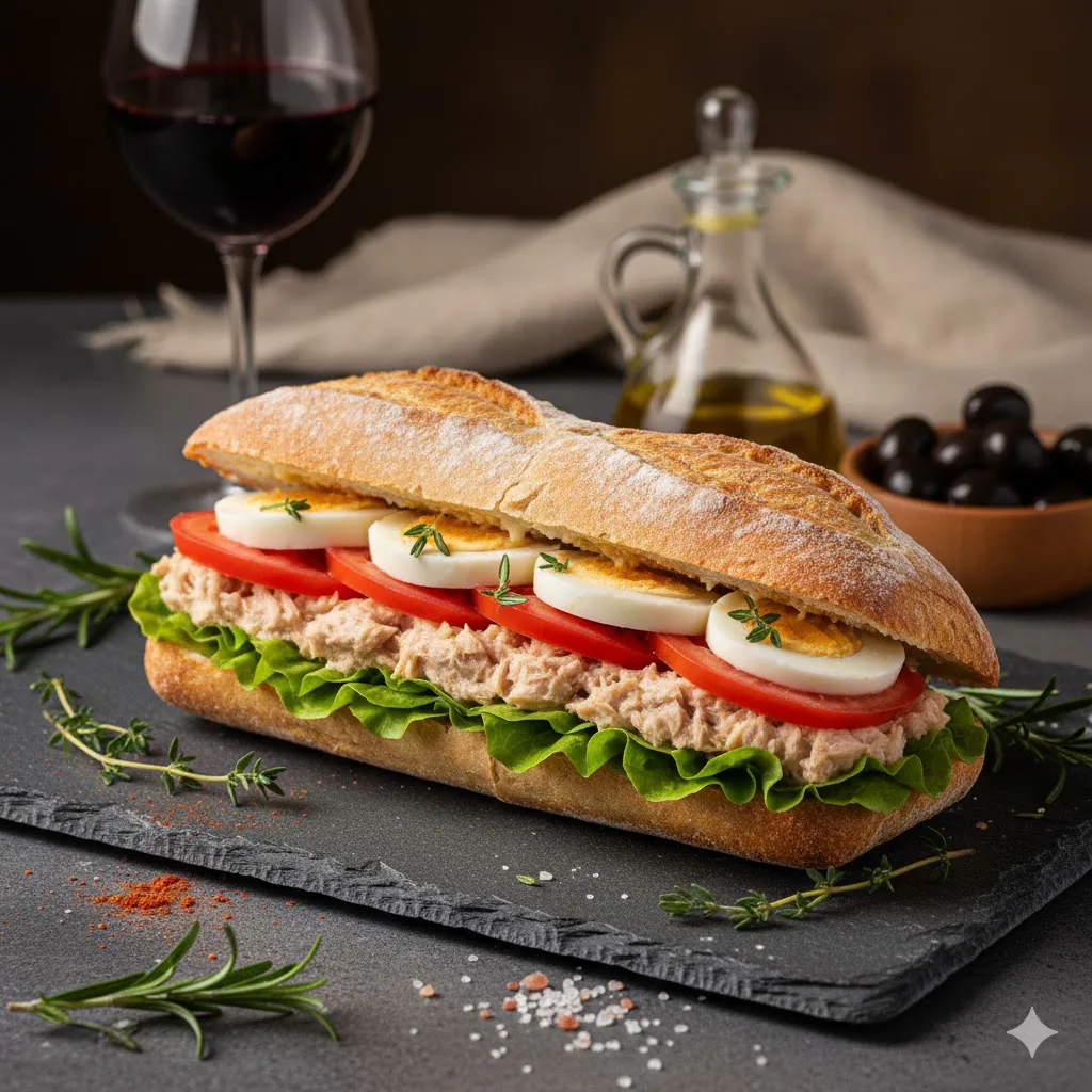 Bocadillo vegetal con huevo y atún listo para servir