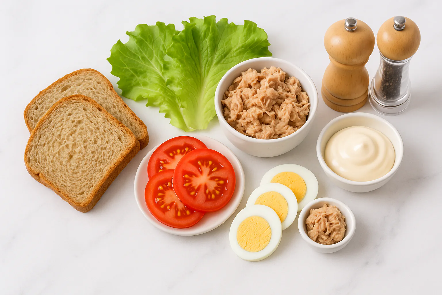 Ingredientes para bocadillo vegetal con huevo y atún