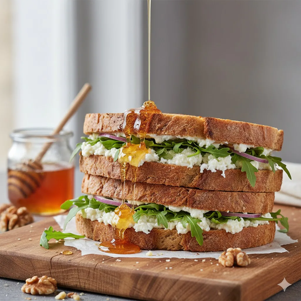 Sándwich de queso de cabra y miel listo para servir