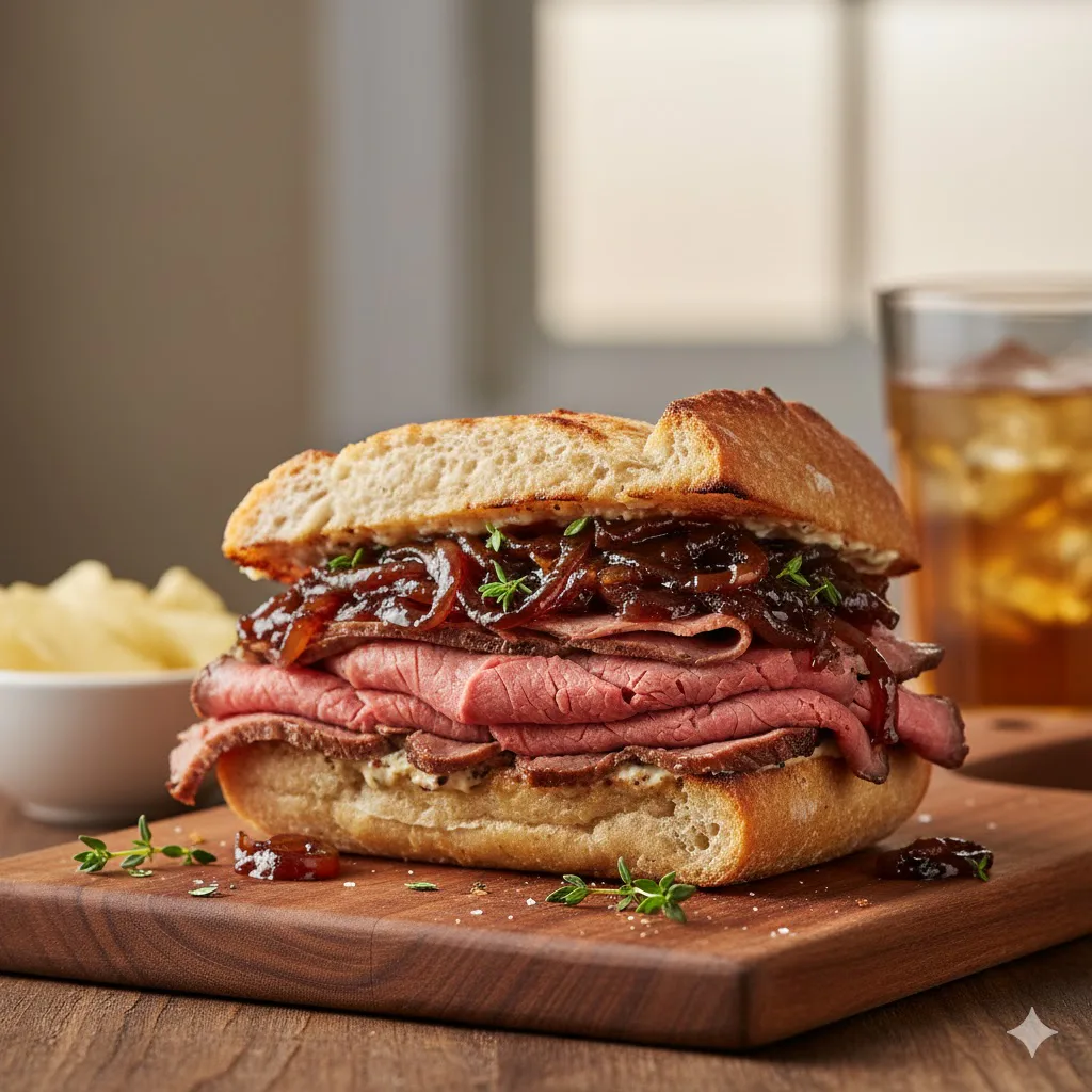 Sándwich de roast beef con cebolla pochada listo para servir
