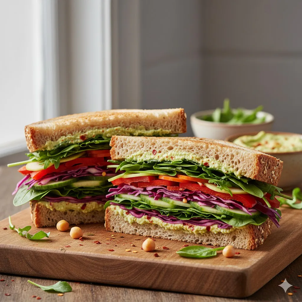 Sándwich vegetal con hummus listo para servir