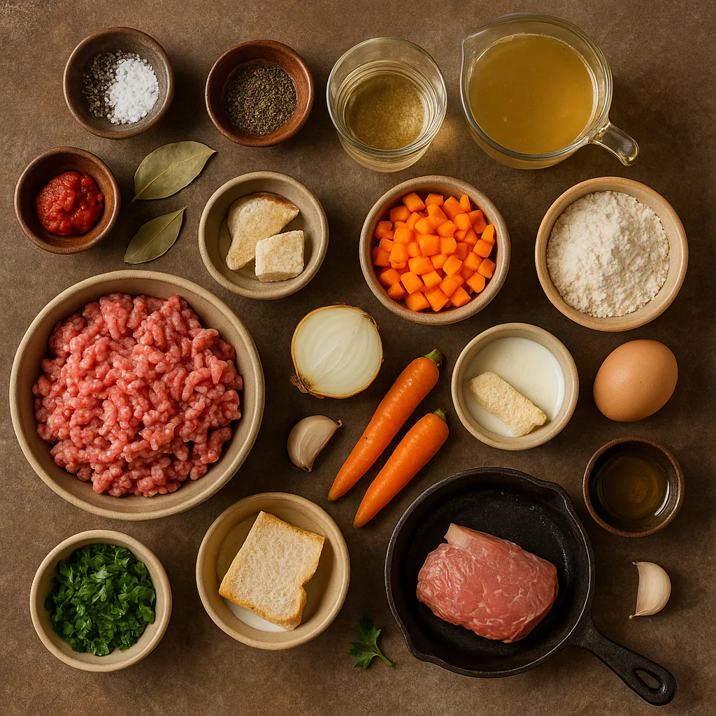 Ingredientes preparados para Albóndigas en salsa tradicional