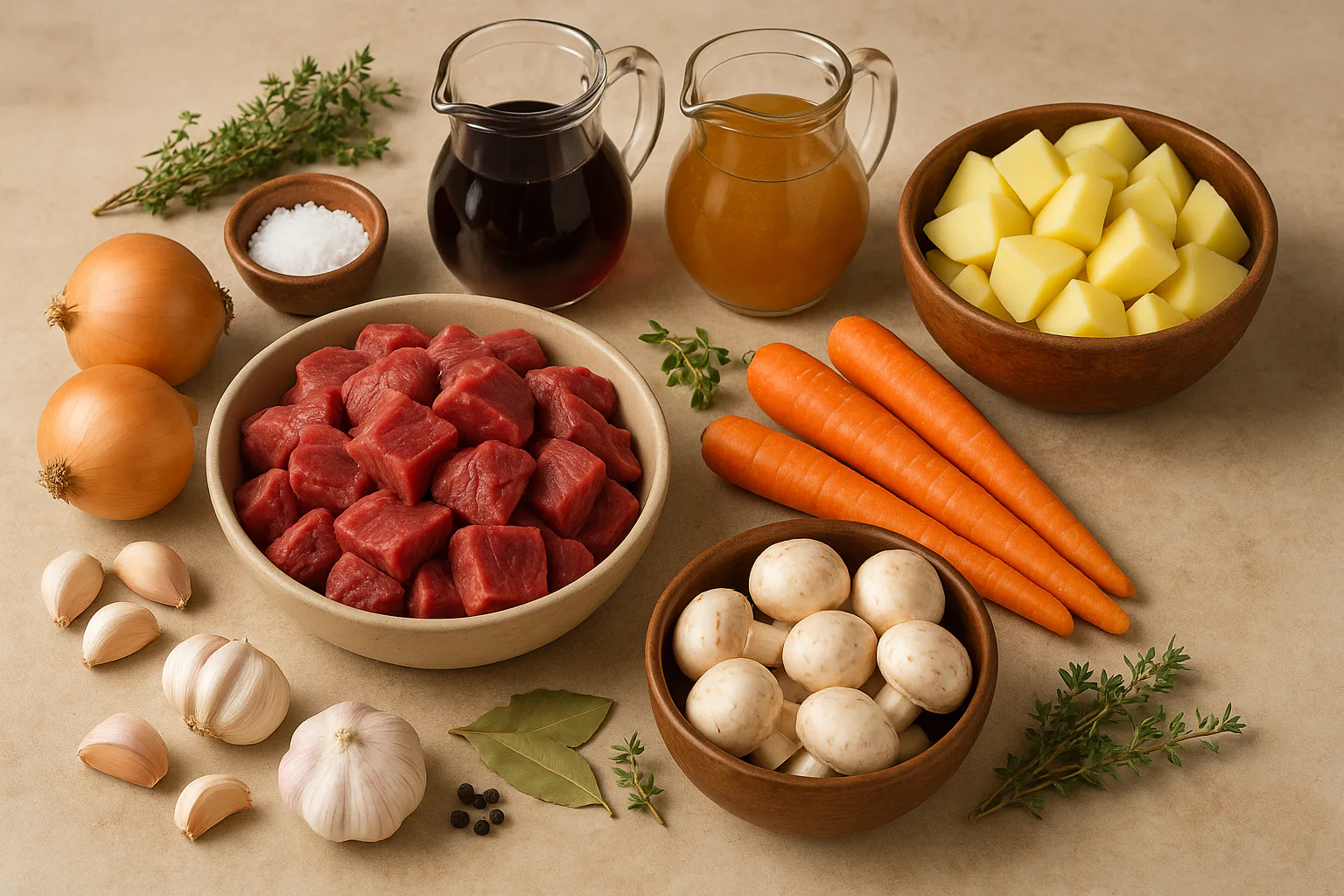 Ingredientes preparados para Estofado de ternera con patatas y verduras