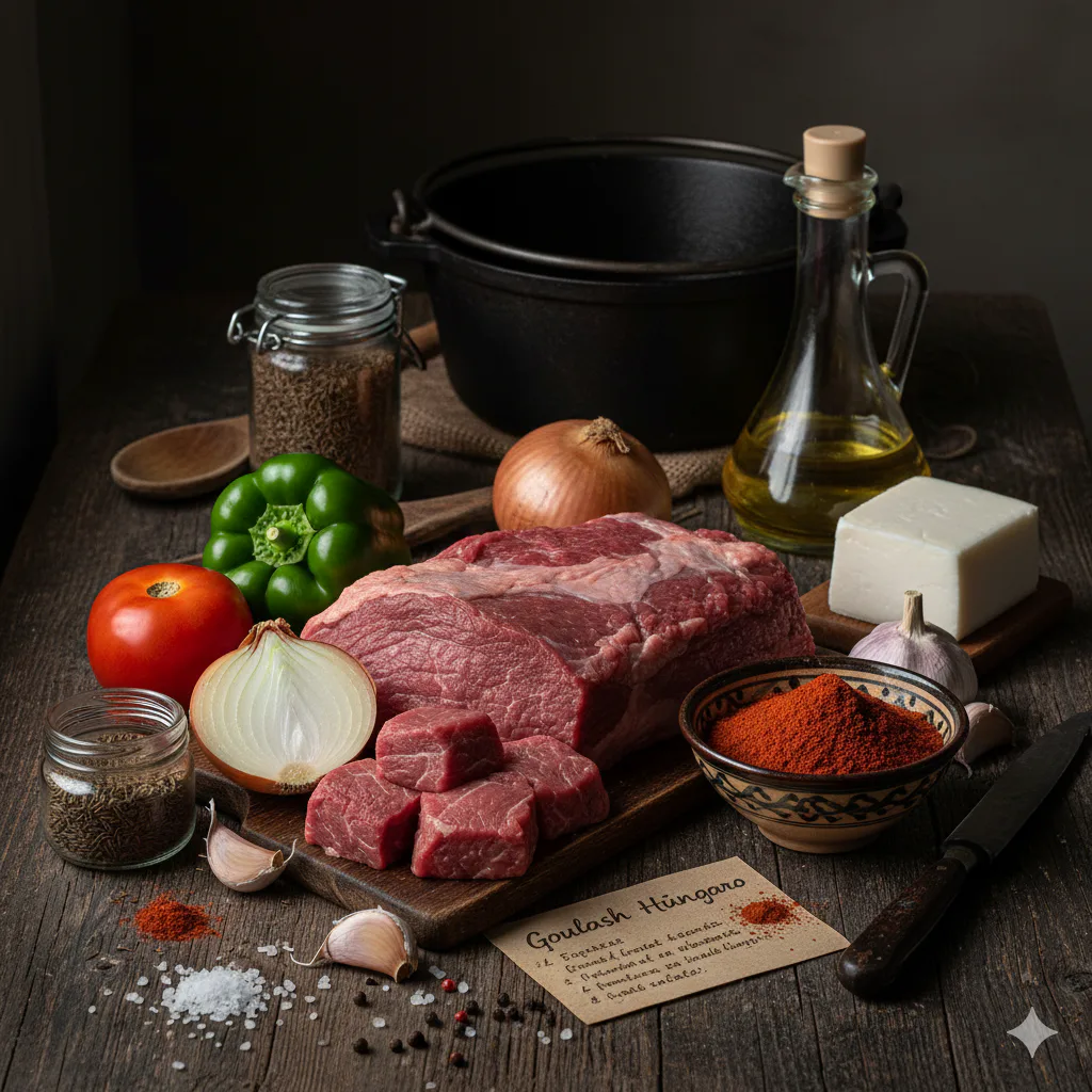 Ingredientes preparados para Goulash húngaro de ternera