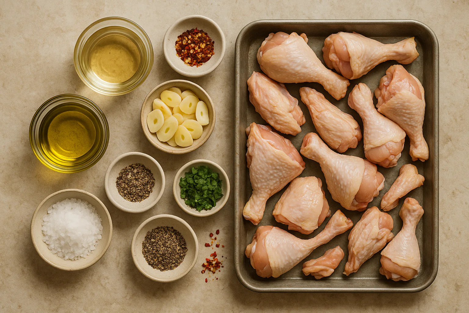 Ingredientes preparados para Pollo al ajillo