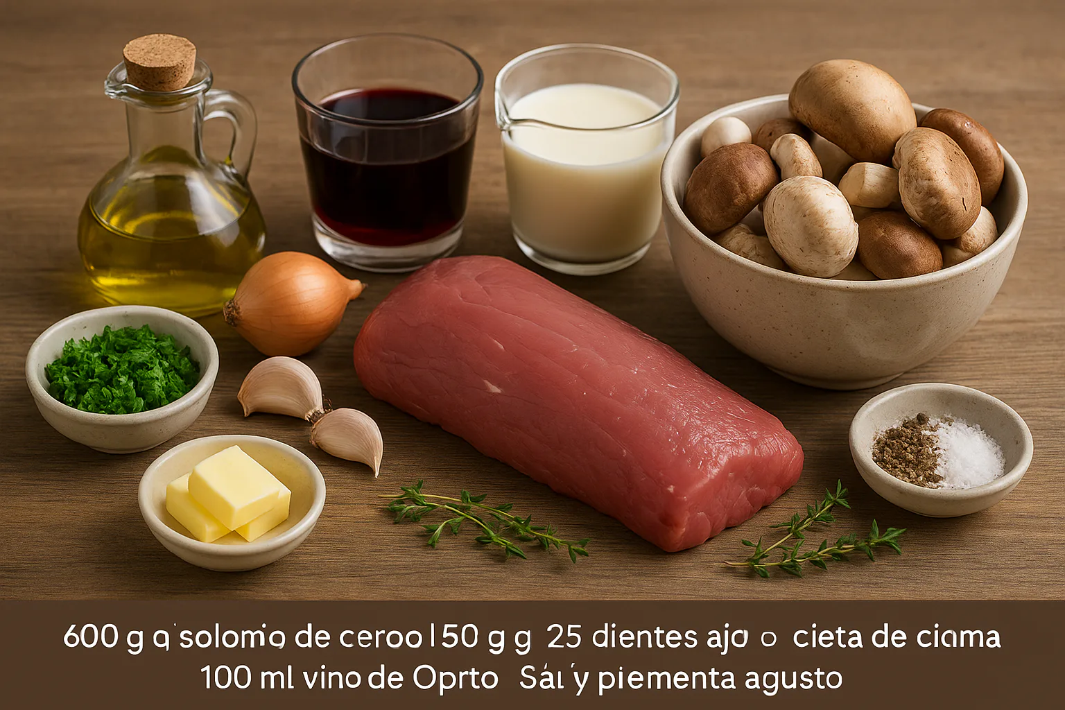 Ingredientes preparados para Solomillo con salsa de Oporto y setas