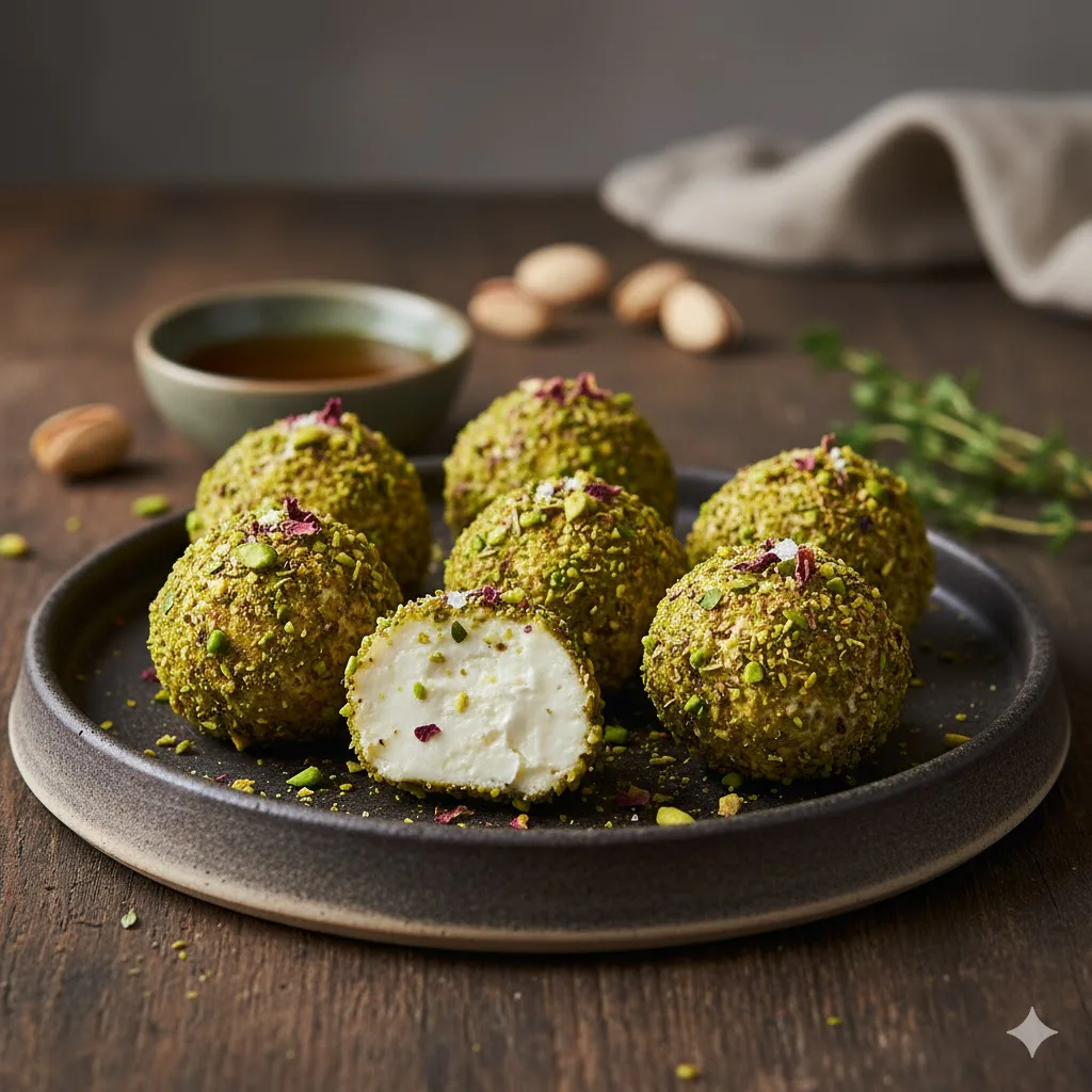 Bombones de queso de cabra y pistacho listo para servir