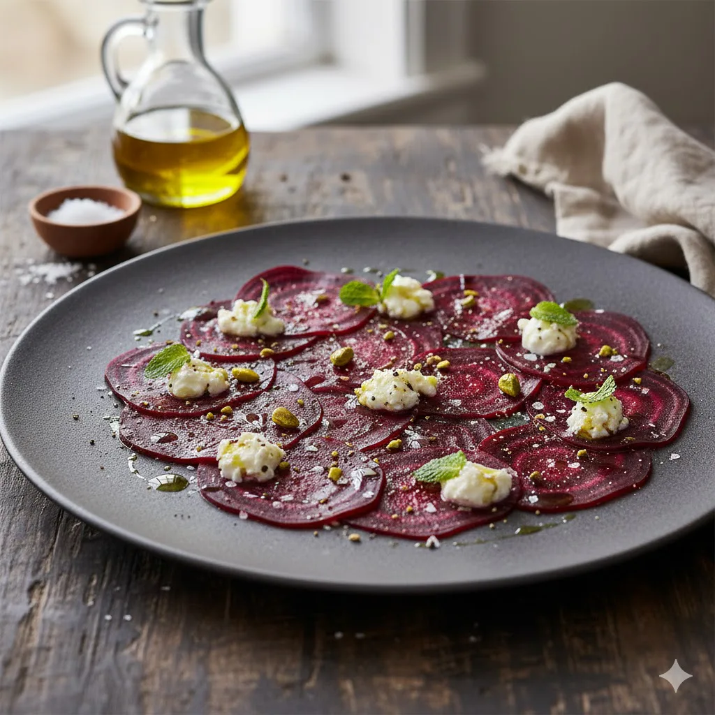 Carpaccio de remolacha con queso de cabra listo para servir