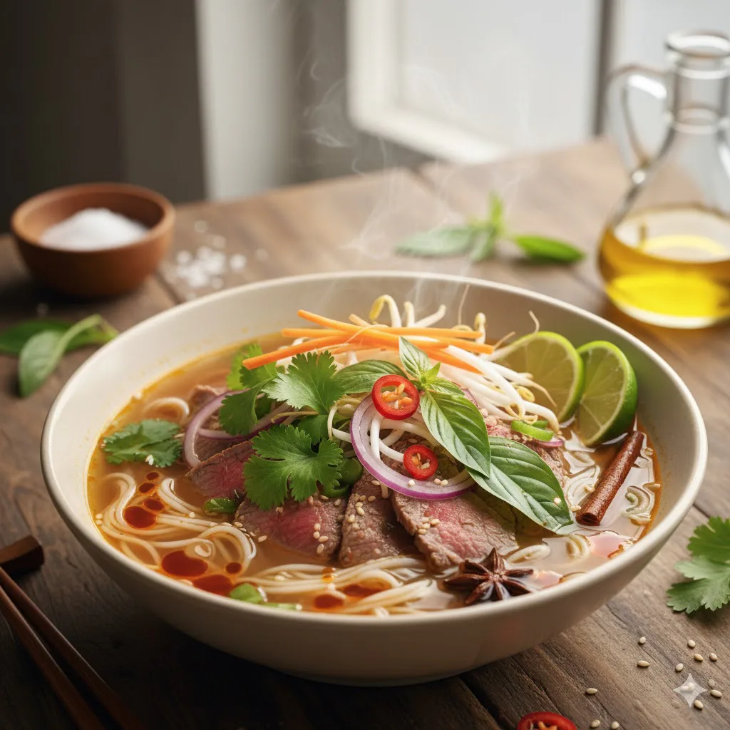 Pho reinterpretado con acento mediterráneo listo para servir