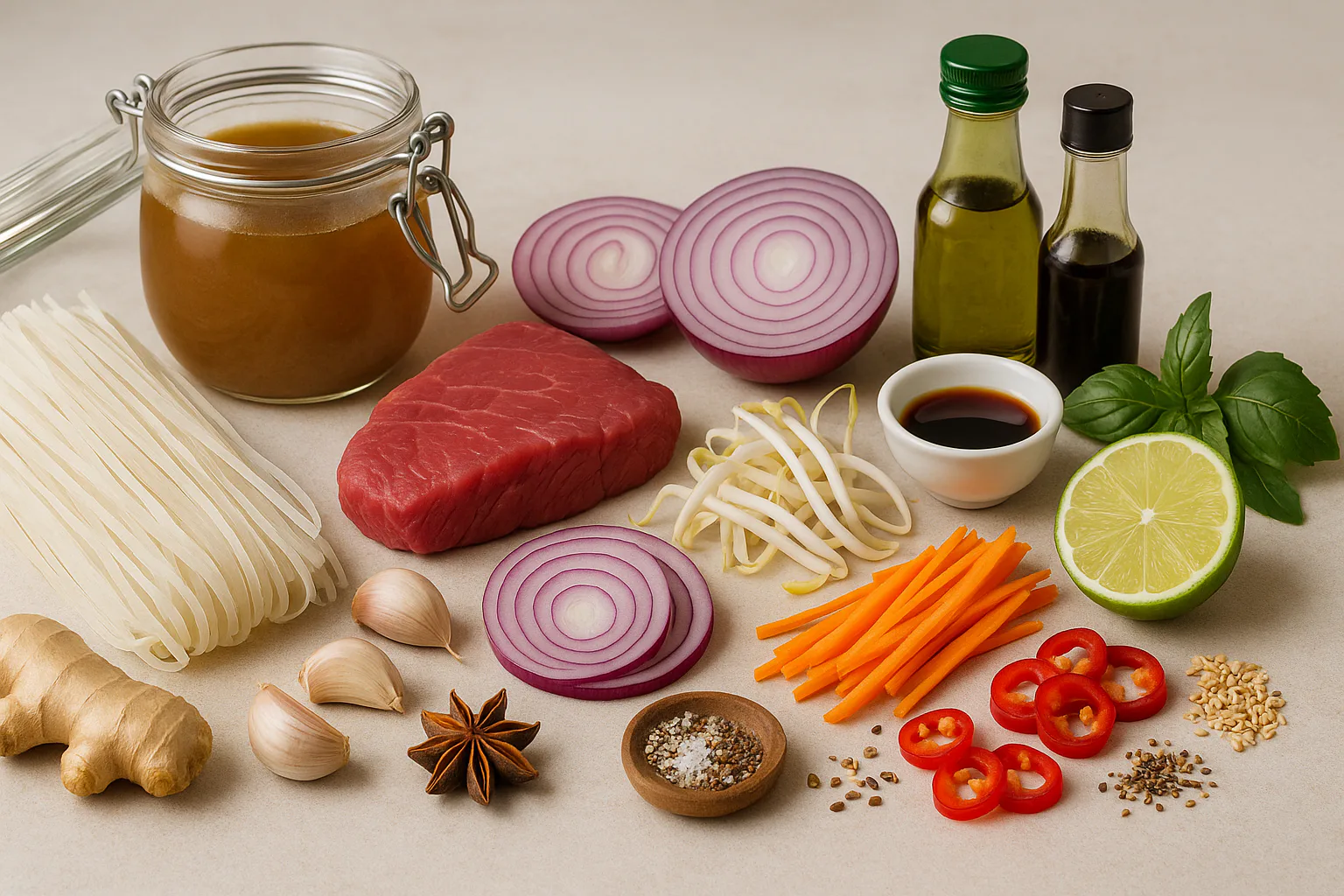 Ingredientes para Pho reinterpretado con acento mediterráneo